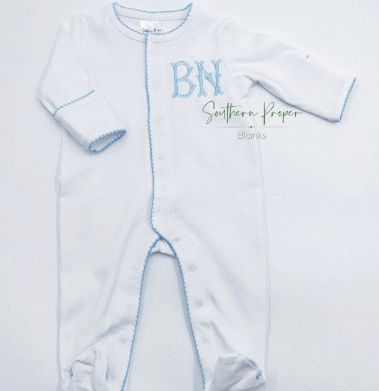 White with Blue Picot Trim Footie
