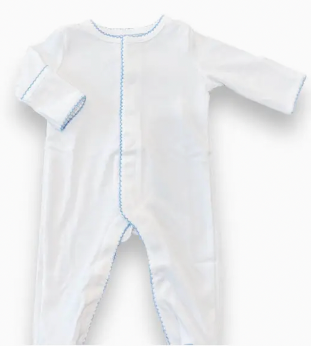 White with Blue Picot Trim Footie