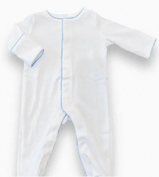 White with Blue Picot Trim Footie