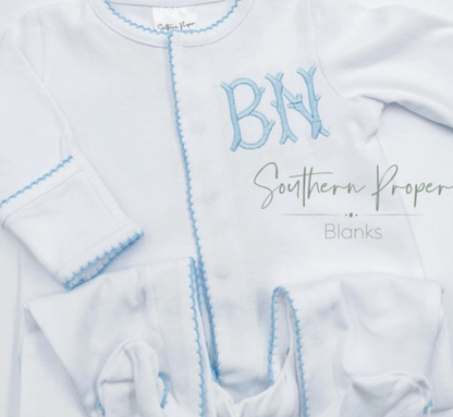 White with Blue Picot Trim Footie
