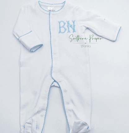 White with Blue Picot Trim Footie