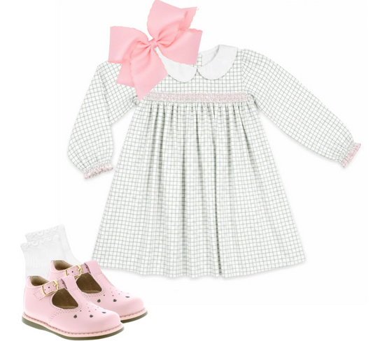 Girls Sage Green Window Pane Smocked Dress