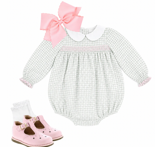 Girls Sage Green Window Pane Smocked Bubble