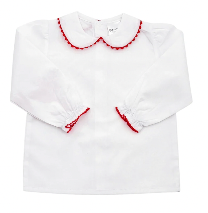 Girl's Red Trim Scalloped Collared Shirt - Christmas