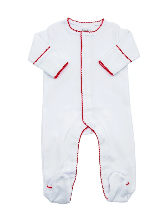 White with Red Picot Trim Footie - Christmas