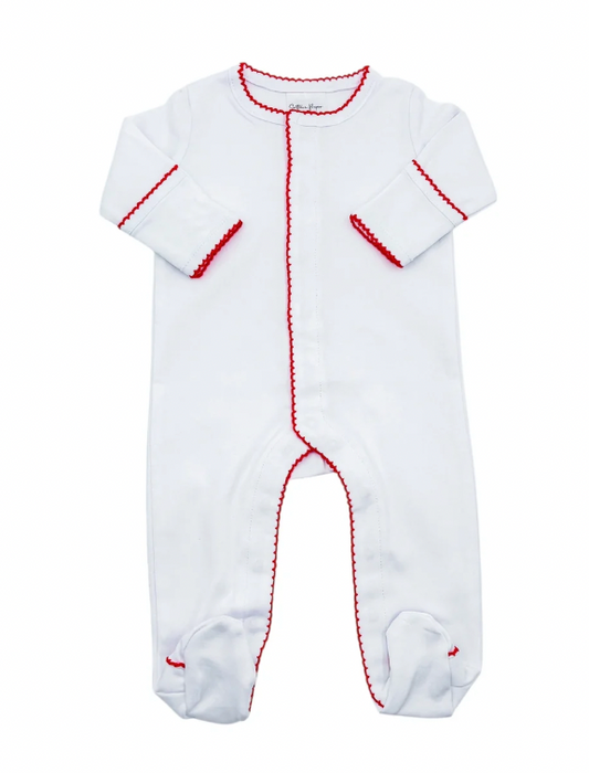 White with Red Picot Trim Footie - Christmas